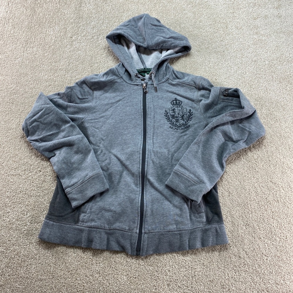 Ralph Lauren Active Kids Size Medium Gray Zip Up Hoodie Athletic Crest Logo